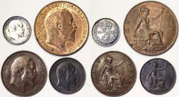 Great Britain, Edward VII Lot 4 pcs. 3 Pence 1902. 1 Penny 1910. 1/2 Penny 1908. 1 Farthing 1903.