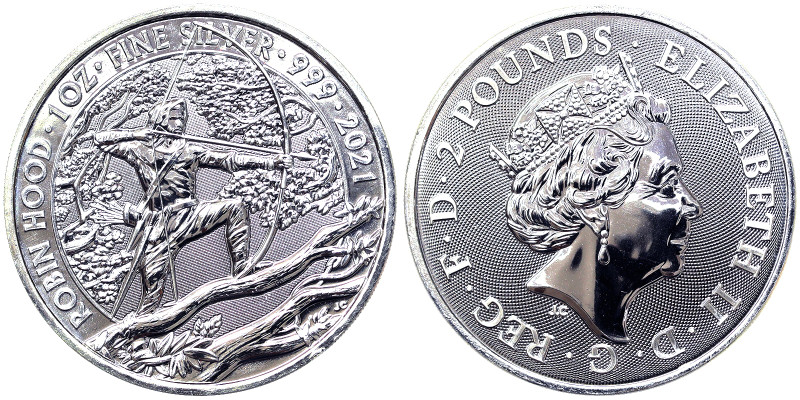 Great Britain, Elizabeth II 2 Pounds, 2021, London, Robin Hood. Ag.999 1 Oncia /...