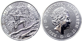 Great Britain, Elizabeth II 2 Pounds, 2021, London, Robin Hood. Ag.999 1 Oncia / 1 Oz, KM 2009, UNC