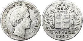 Greece, Othon I 1/2 Drachma, 1833, Ag.900 2,23 g, Rare, KM 19, F