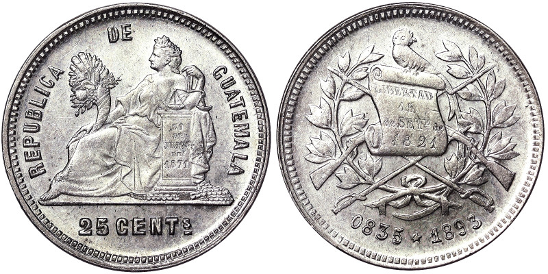 Guatemala, 25 Centavos, 1893, Ag.835 6,25 g, KM 209, XF
