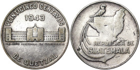 Guatemala, 25 Centavos, 1943, Ag.720 8,33 g, Rare, KM 253, VF