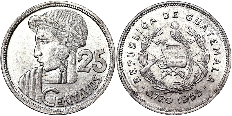 Guatemala, 25 Centavos, 1955, Ag.720 8,33 g, KM 258, UNC