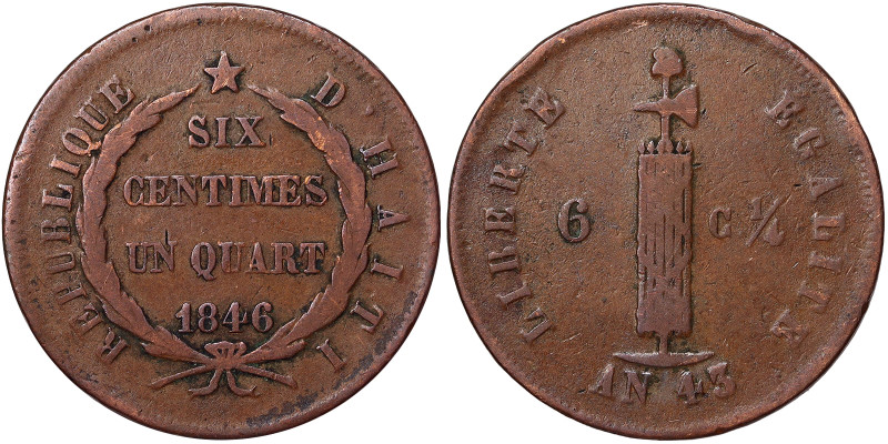 Haiti, 6-1/4 Centimes, 1846, Year 43. Cu. 15,65 g, KM 29, VF