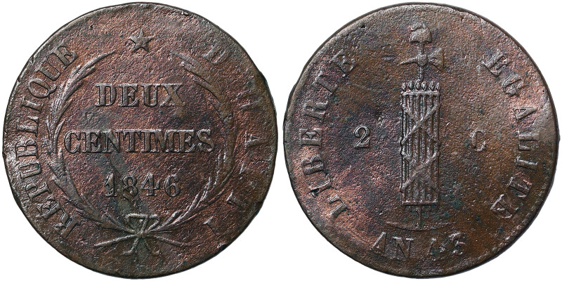 Haiti, 2 Centimes, 1846, Year 43. Cu. 5,00 g, KM 26, F