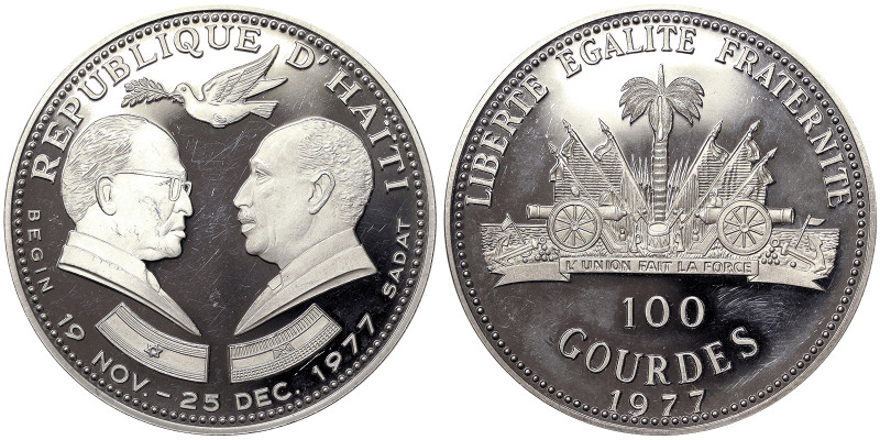Haiti, 100 Gourdes, 1977, Presidents Sadat and Begin. Mintage: 500 pcs. Ag.925 4...