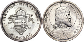 Hungary, 5 Pengo, 1938, Budapest, 900th anniversary death of St.Stephan. Ag.640 25,00 g, KM 516, UNC