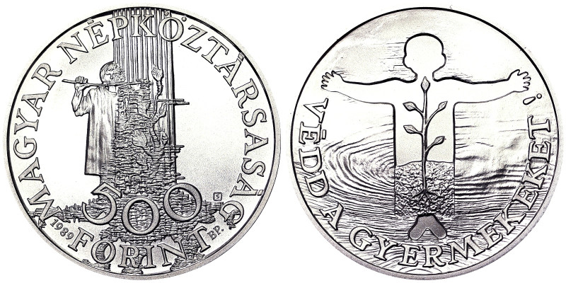 Hungary, 500 Forint, 1989, Budapest, Protect the children. Ag.900 28,00 g, KM 67...