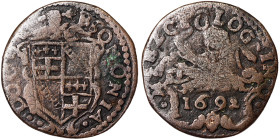 Italian States, Bologna, Innocente XII 1/2 Bolognino, 1692, Cu. 7,08 g, Rare, Berman 2304, VF