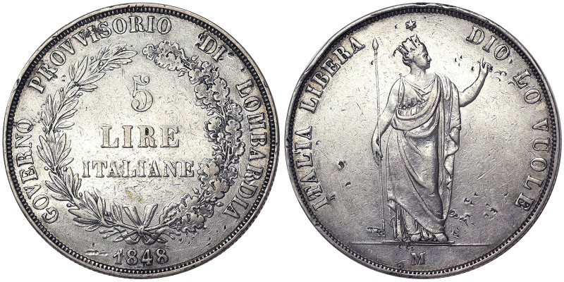 Italian States, Milan, Lombardy, Provisional Government 5 Lire, 1848, Short bran...