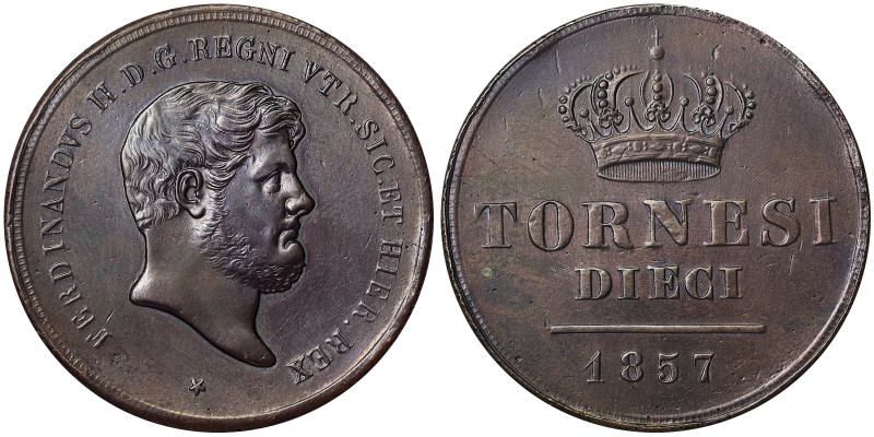 Italian States, Naples, Ferdinando II of Borbone 10 Tornesi, 1857, Cu. 31,45 g, ...