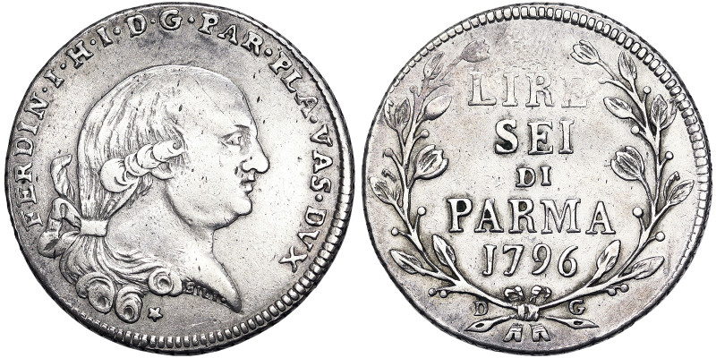 Italian States, Parma, Ferdinando of Borbone 6 Lire, 1796, Ag. 7,23 g, NC, CNI 1...