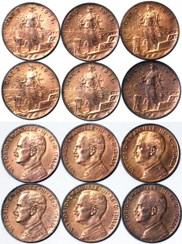 Kingdom of Italy, Vittorio Emanuele III Lot 6 pcs. 2 Centesimi 1911: Red copper....