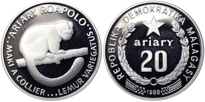 Madagascar, 20 Ariary, 1988, Lemur. Ag.925 19,44 g, KM 15, PROOF