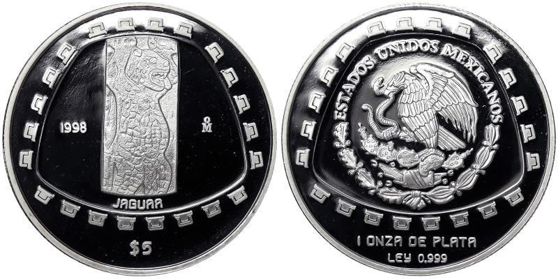 Mexico, Second Republic 5 Pesos, 1998, Ag.999 1 Oncia KM 663, PROOF mintage 4300