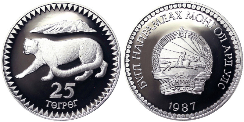 Mongolia, 25 Tugrik, 1987, Snow Leopard. Ag.925 28,32 g, KM 50, PROOF