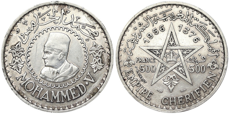 Morocco, Mohammed V 500 Francs, 1956, Ag.900 22,50 g, Y 54, XF