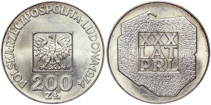 Poland, 200 Zlotych, 1974, 30th anniversary of the Polish People’s Republic. Ag....