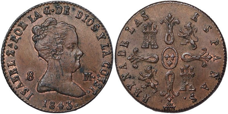 Spain, Isabel II 8 Maravedís, 1843, Segovia, Ae. 10,21 g, Calicò 499, A.UNC