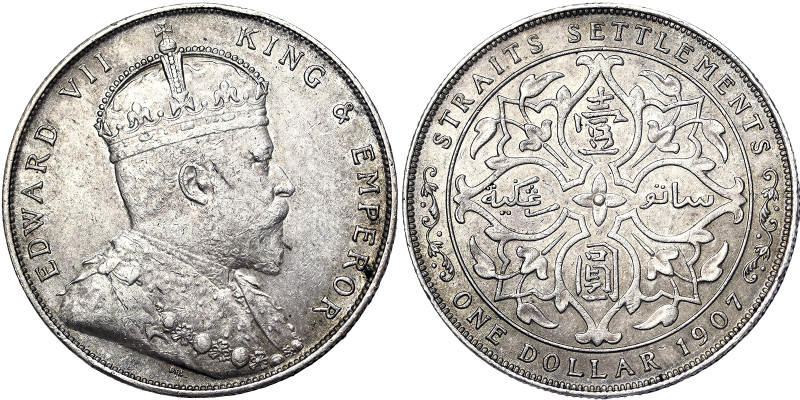 Straits Settlements, Edward VII 1 Dollar, 1907, Ag.900 20,21 g, KM 26, XF