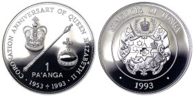 Tonga, Taufa'ahau Tupou IV 1 Pa'Anga, 1993, Coronation Jubilee. Ag.925 31,40 g, KM 144, PROOF