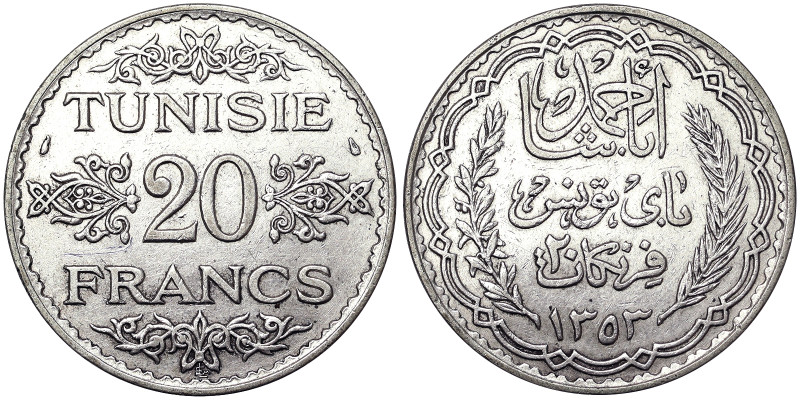 Tunisia, Ahmad II 20 Francs, 1934, Ag.680 20,00 g, KM 263, A.XF