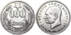 Turkey, 100 Kurush, 1934, Ag.830 12,00 g, KM 860.1, A.XF