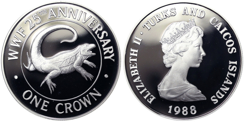 Turks & Caicos Islands, Elizabeth II 1 Crown, 1988, Ag.925 1 Oncia / 1 Oz, KM 64...