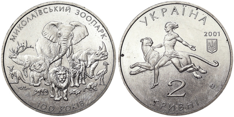 Ukraine, 2 Hryvni, 2001, 100 Years of Mykolayiv Zoo. Ni. 12,80 g, KM 136, UNC