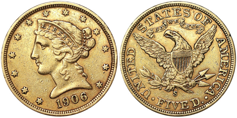 United States, 5 Dollars (Liberty head), 1906, San Francisco, Au.900 8,35 g, Fr....