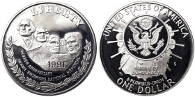 United States, 1 Dollar, 1991, San Francisco, Mount Rushmore anniversary. Ag.900 26,73 g, KM 229, PROOF