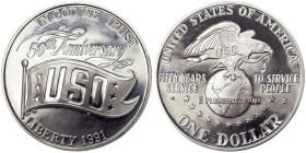 United States, 1 Dollar, 1991, San Francisco, The USO 50th anniversary. Ag.900 26,73 g, KM 232, PROOF