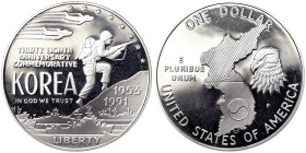 United States, 1 Dollar, 1991, Phildelphia, Korean war memorial. Ag.900 26,73 g, KM 231, PROOF