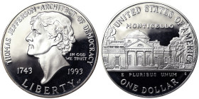 United States, 1 Dollar, 1993, San Francisco, Thomas Jefferson. Ag.900 26,73 g, KM 249, PROOF