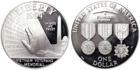 United States, 1 Dollar, 1994, Phildelphia, Vietnam veterans memorial. Ag.900 26,73 g, KM 250, PROOF