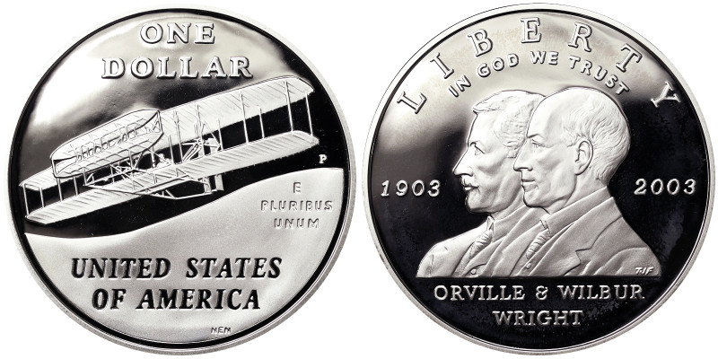 United States, 1 Dollar, 2003, Phildelphia, First flight centennial. Ag.900 26,7...