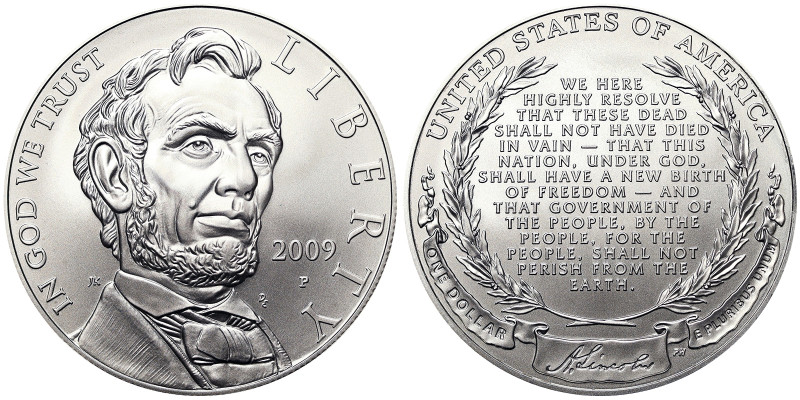 United States, 1 Dollar, 2009, Phildelphia, Abraham Lincoln. Ag.900 26,73 g, KM ...