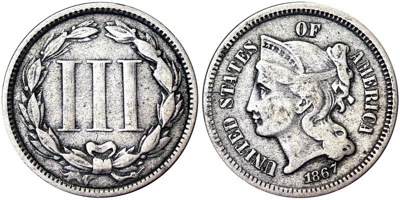 United States, 3 Cents (1865-1889), 1867, Phildelphia, Ni. 1,94 g, KM 95, VF
