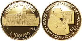Vatican City, Giovanni Paolo II 100.000 Lire, 1998, Rome, Towards the Holy Year 2000. Mintage: 6.000 pcs. Au.917 15,00 g, Rare, KM 302, PROOF