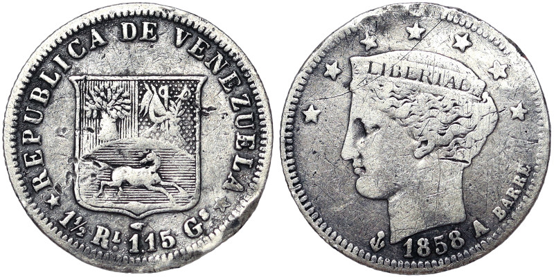 Venezuela, 1/2 Real, 1858, Paris, Au.900 1,05 g, Mount mark, Y 8, GOOD