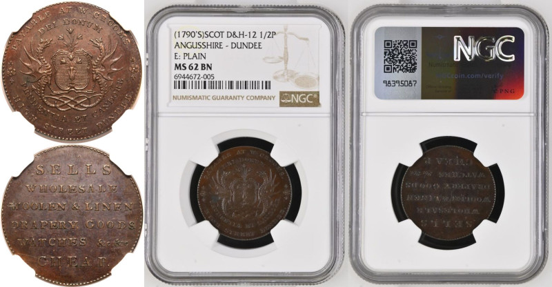 MS 62 BN | GREAT BRITAIN. ANGUSSHIRE. 
Copper Dundee Halfpenny Token, Circa 179...