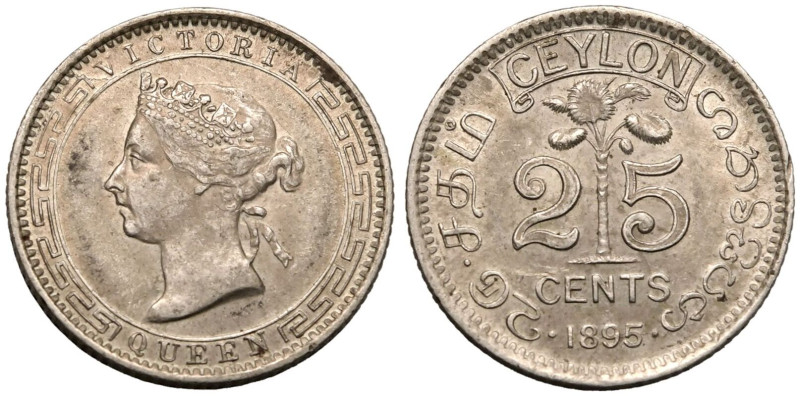 About Uncirculated | CEYLON. BRITISH COLONIAL. Victoria. 
Silver 25 Cents, 1895...