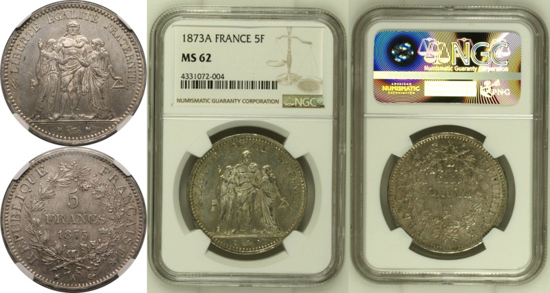 MS 62 | FRANCE. Third Republic, 1870-1940. 
Silver 5 Francs, 1873 A. Paris. 
D...