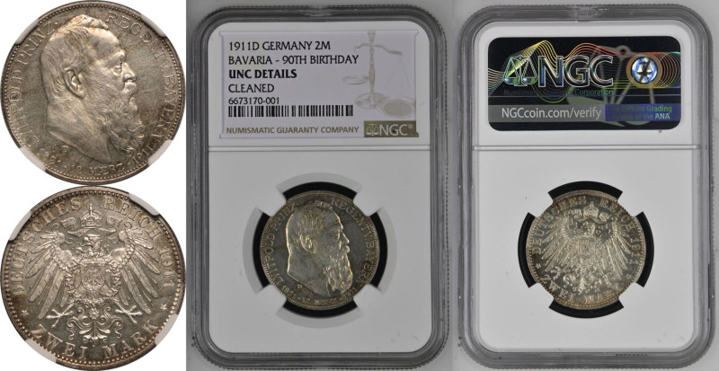 UNC Details | GERMAN STATES. Bavaria. 
Silver 2 Marks, 1911D. 90th Birthday of ...