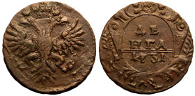 About as struck | RUSSIA. EMPIRE. Anna Ivanovna. 
Copper Denga (1/2 Kopeck), 1731. Krasny mint. 
Crowned double-headed eagle facing, holding sceptre...