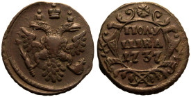 Good Very Fine | RUSSIA. EMPIRE. Anna Ivanovna. 
Copper Polushka (1/4 Kopeck), 1737. Ekaterinburg mint. 
Crowned double-headed eagle facing, holding...