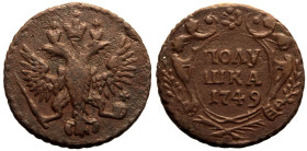 Good Very Fine | RUSSIA. EMPIRE. Elizabeth. 
Copper Polushka (1/4 Kopeck), 1749. Ekaterinburg mint. 
Crowned double-headed eagle facing, holding sce...
