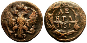 About Very Fine. Laquered | RUSSIA. EMPIRE. Elizabeth. 
Copper Denga (1/2 Kopeck), 1751. Ekaterinburg mint. 
Crowned double-headed eagle facing, hol...