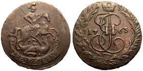 Almost Extremely Fine | RUSSIA. EMPIRE. Catherine II. 
Copper 2 Kopeks, 1763MM. 
Crowned monogram of Ekaterina II (I E II) divides date within wreat...