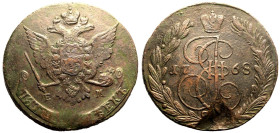Good Very Fine. Planchet Flaw | RUSSIA. EMPIRE. Catherine II. 
Copper 5 Kopeck, 1768. Ekaterinburg mint. 
Crowned double-headed eagle facing with wi...